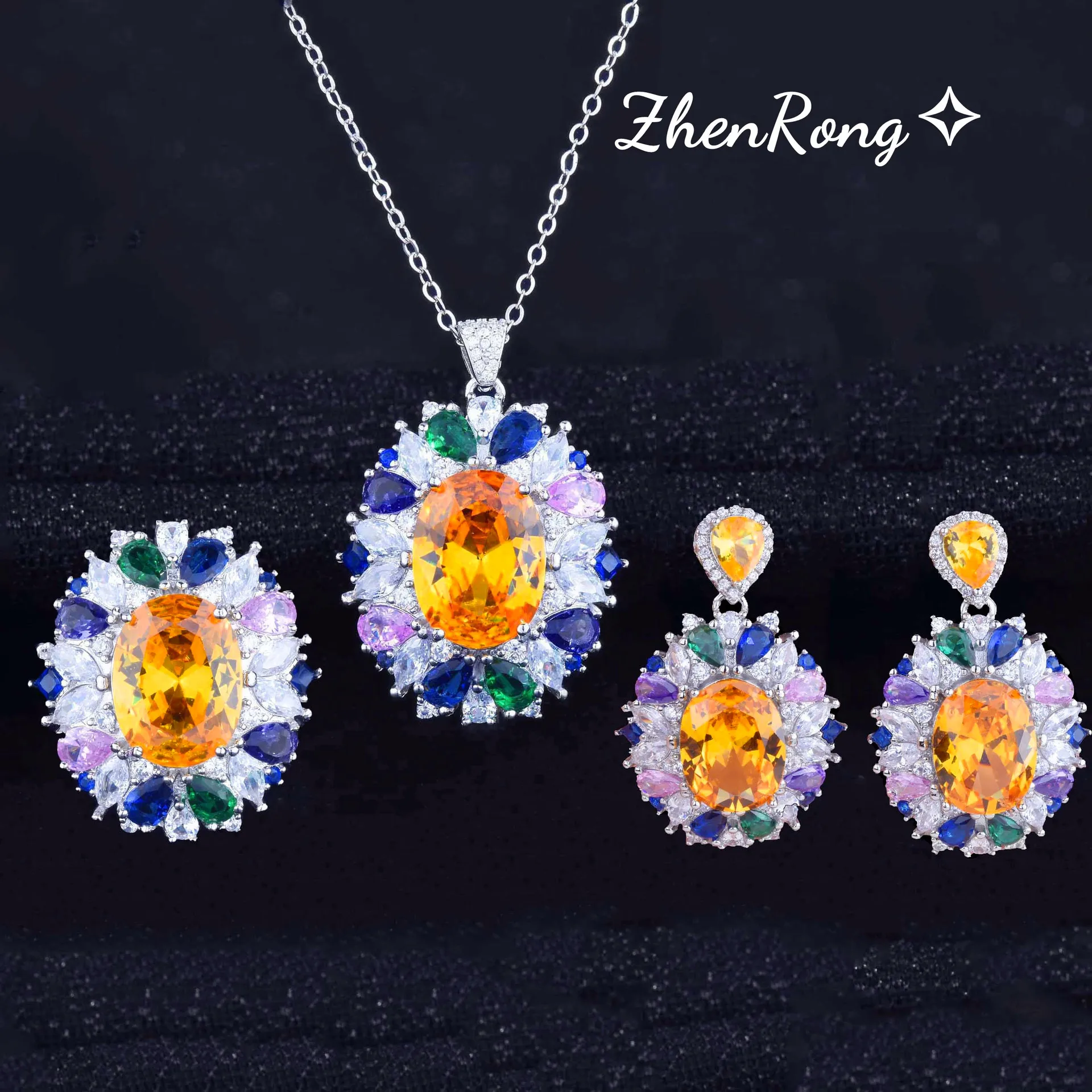 

New Fashion Sterling 925 Silver Jewelry Sets Bling Bling Coloful Zircon Carved Crystal Necklace Ring Earing Women Trendy Jewelry