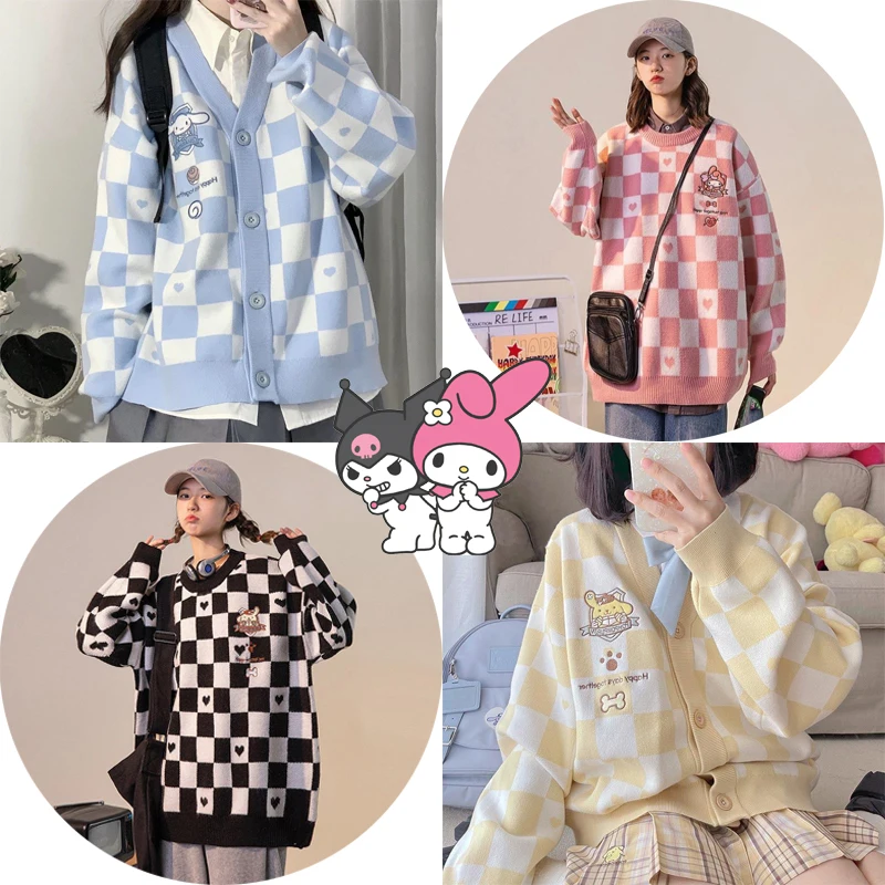 

Sanrioed Kawaii My Melody Knitted Sweater Anime Kuromi Pompompurin Cardigan Jk Uniform Cinnamoroll Checkerboard Coat Top Gift