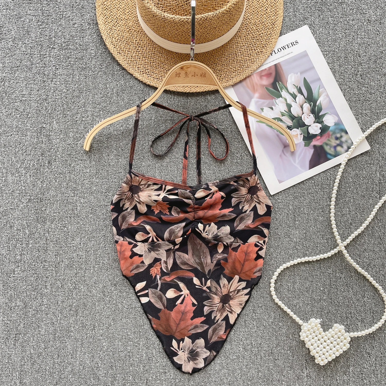 

2023 Sexy Floral Print Camisole Women Halter Design Thin Streetwear Irregular Backless Elastic Ladies Fashion Y2KTankTop