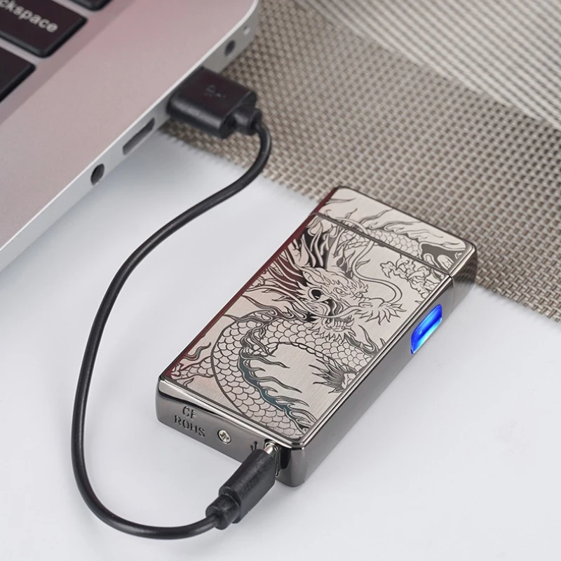 Фото Электрическая металлическая зажигалка с двойной дугой, USB ветрозащитная беспламенная плазменная зажигалка, аксессуары для сигарет, светодиодный дисплей мощности, мужские гаджеты №5