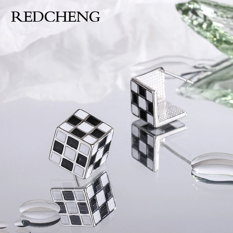

REDCHENG 925 шахматные серьги-гвоздики со штампом для женщин геометрические модные подарки на день рождения предотвращающие аллергию