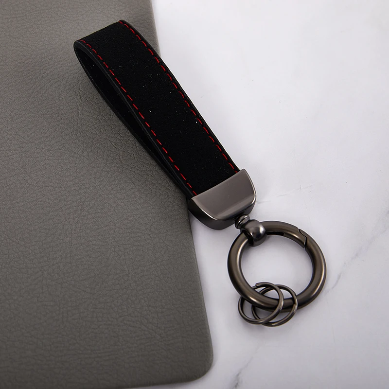 

Black Leather Lanyard Keychain Men Women Square Pattern Gunmetal Buckle