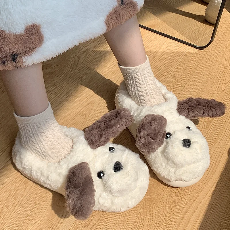 

NEW Cute Long Ear Dog Slippers Women Fluffy Furry Slippers Platform Thick Sole Shoes Winter Kawaii Memory Foam Home Slides