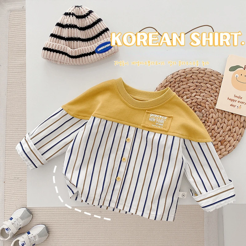 Spring Baby Boys Splicing T Shirts Children Striped Bottoming Shirt Autumn Kids Cotton Clothes Girls Long-sleeved T-shirt Tops