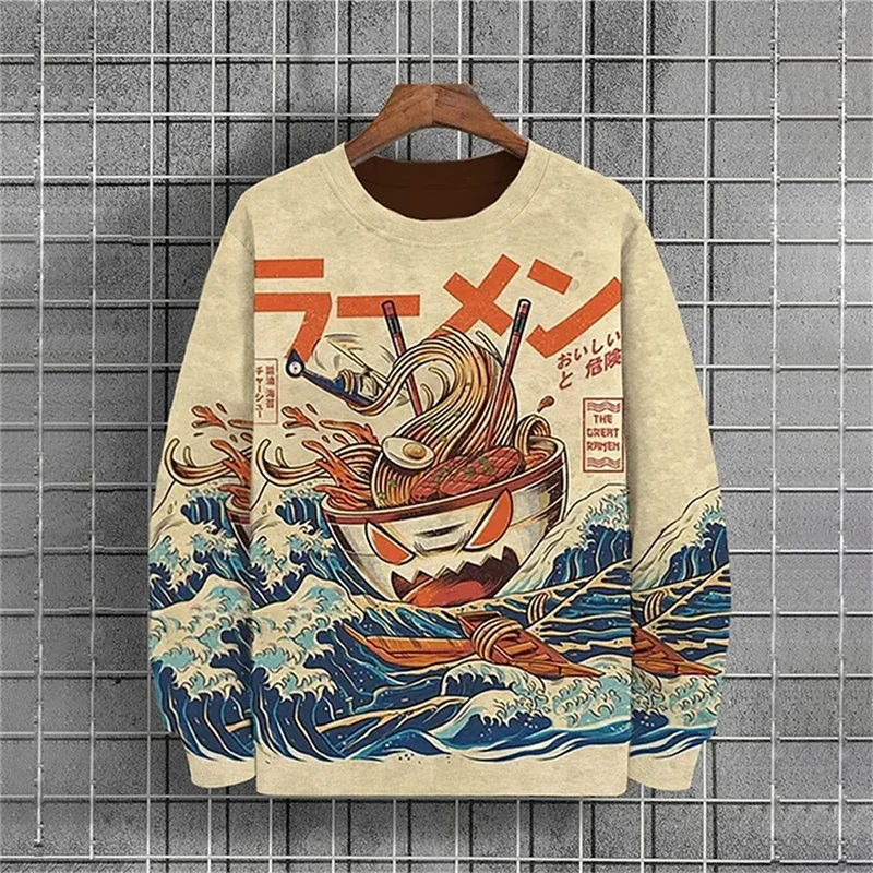 Фото Japanese Ukiyo-e Pattern Sweatshirts For Men Sea Wave Ramen 3D Printed Pullover Autumn Oversized O-Neck Hoodies Long Sleeves №4
