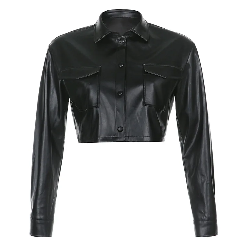 Black Cropped Leather Jacket Button Turn Down Collar Woman Faux Leather Biker Jacket Streetwear Spring Autumn Long Sleeve Top