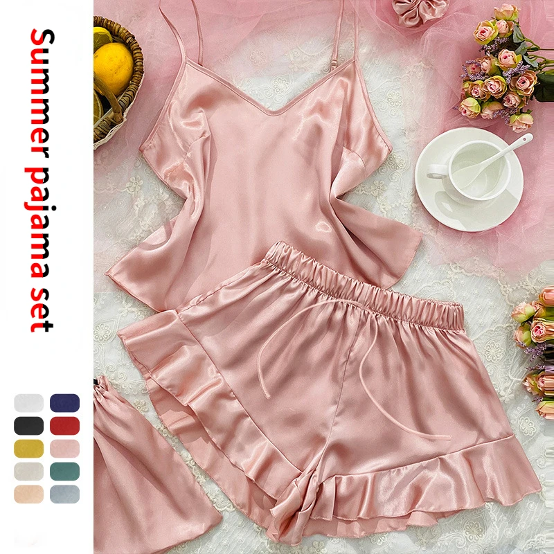 Artificial Silk Camisole Home Wear Three-Piece Set Simple Casual Ice Silk Suspender Shorts Suit Sexy Pajamas Underwear for Women