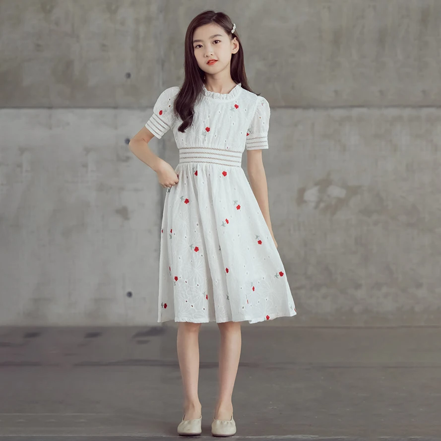 

Girls Summer Fashion Casual Dress Kids Teen Short Sleeved Floral Embroidery Cotton White Dresses 8 To 16 Years Clothes Vestidos