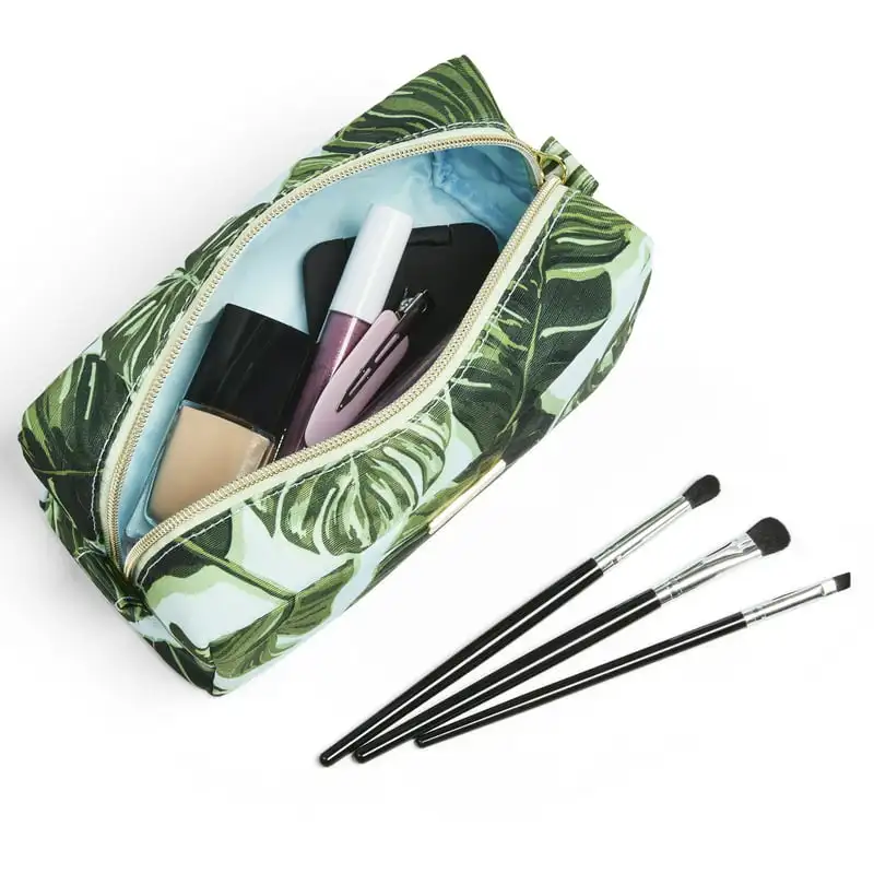 

ed, Quality Organizer Storage Premium Quality Palm Blue Patterned Cosmetic Bag with Three-Compartment Brush Case, Portable Trave