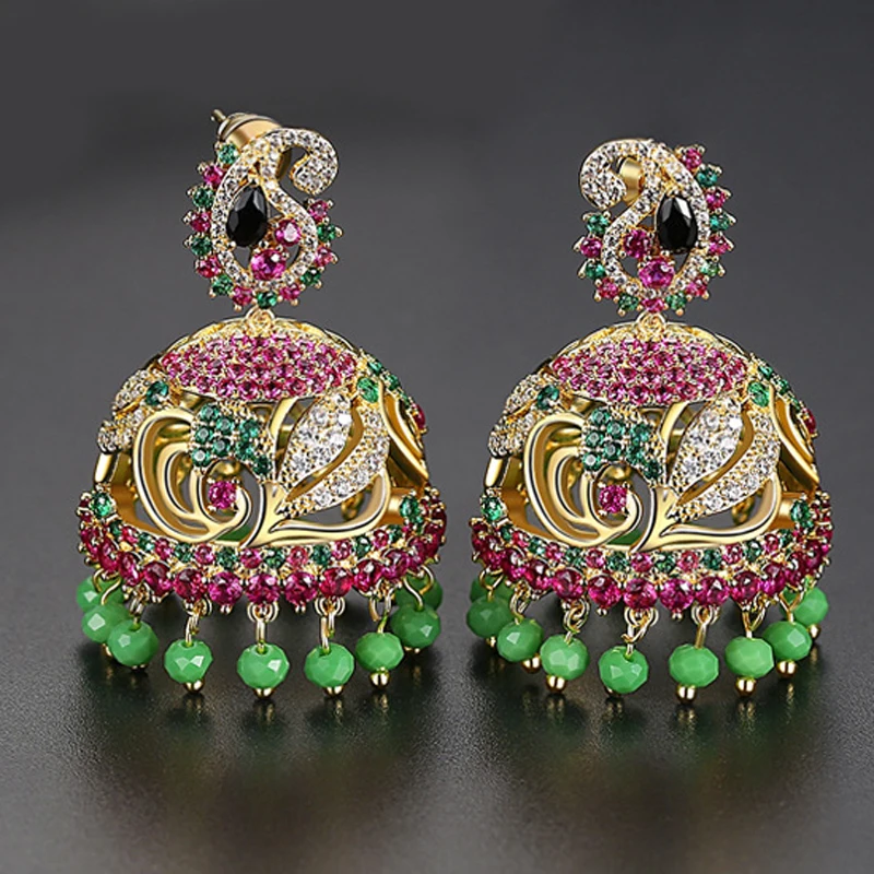 

Indian Jhumka Earrings Retro Ethnic Gypsy Beads Bells Drop Earrings Fashion Women Rhinestone Crystal Statement Jhumki Jewelry