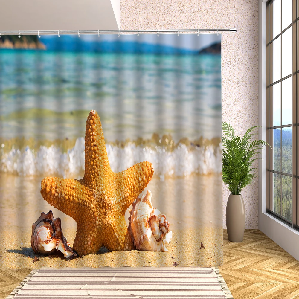 

Beach Starfish Shower Curtain Sea Waves Conch Shells Summer Ocean Scenery Bathroom Home Decor Waterproof with Hooks Bath Screen