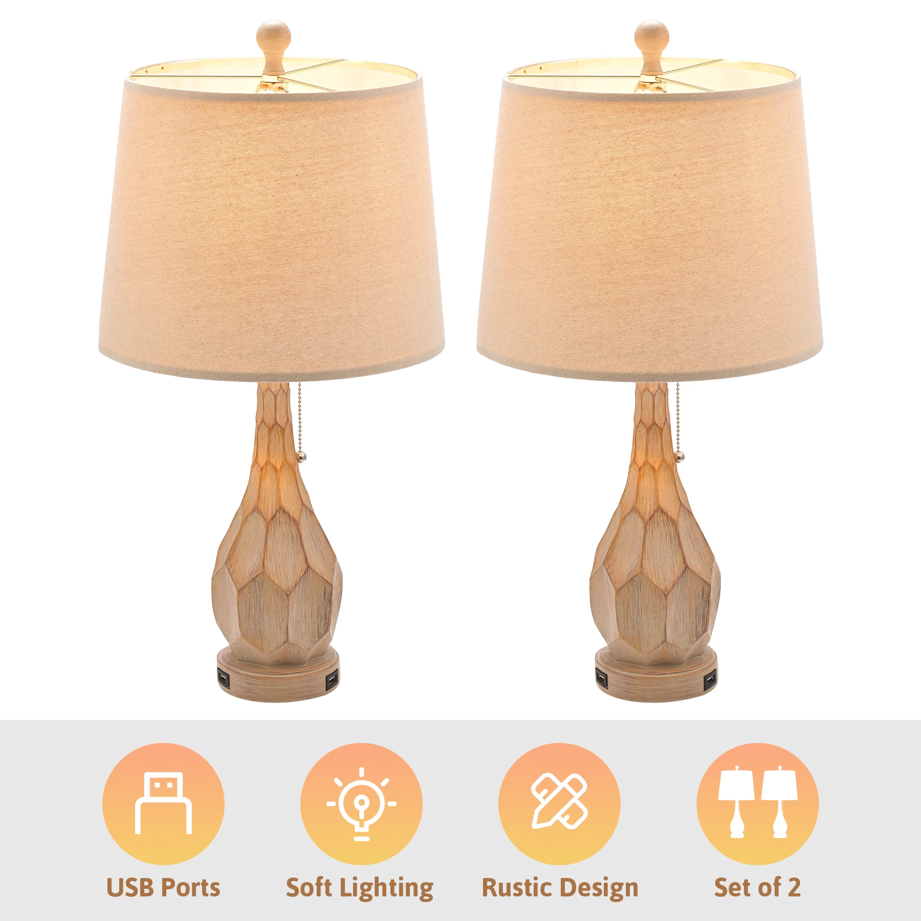 Desk Lamp Set for Bedroom with USB Ports Beige Shades and Wooden Laminate Bases