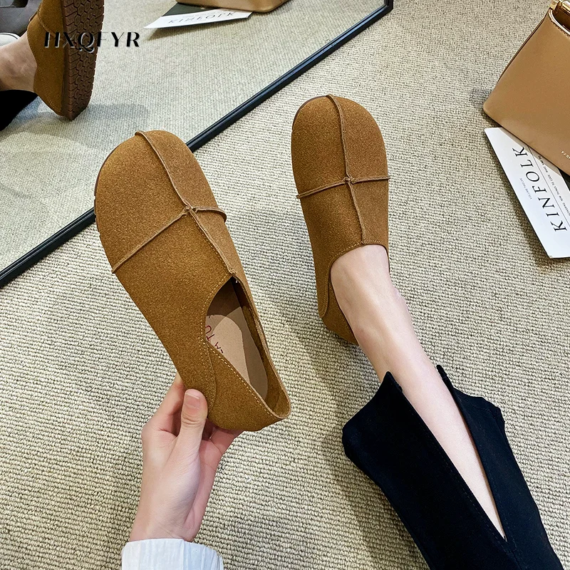 

Женские повседневные туфли, сезон весна-осень 2022, туфли на плоской подошве с закрытым носком для женщин, замшевые кожаные удобные женские ту...