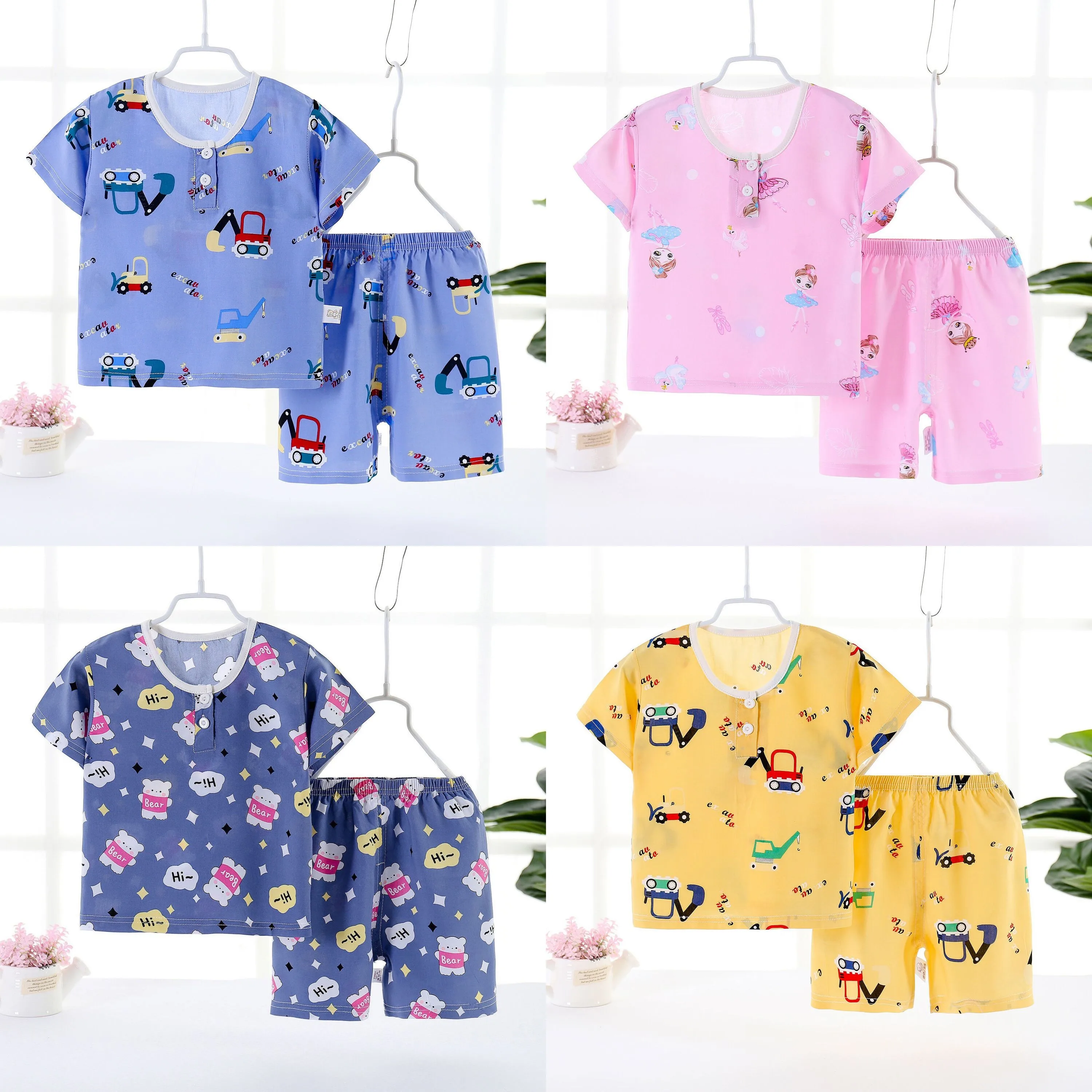 

Новинка лета 2022, детский кондиционер, хлопковый тонкий детский домашний костюм с короткими рукавами, мультяшная Пижама для мальчиков и дево...