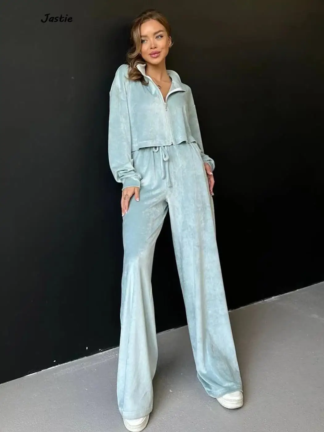 Женский Бархатный спортивный костюм однотонный комплект из куртки на молнии с