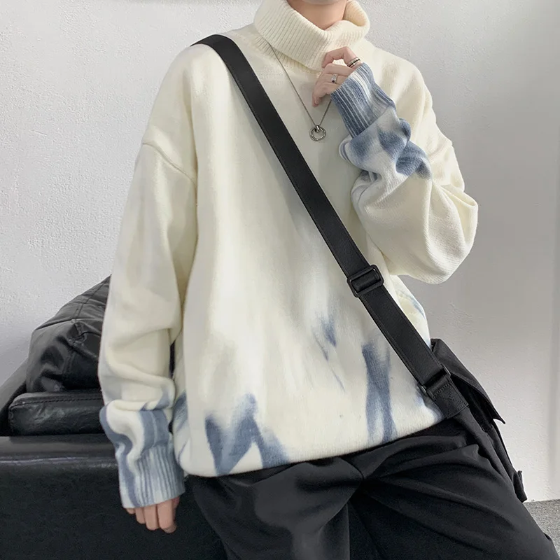 

Tie-dyed high-neck contrast vintage sweater men's autumn and winter Hong Kong style sweater high-street versatile coat