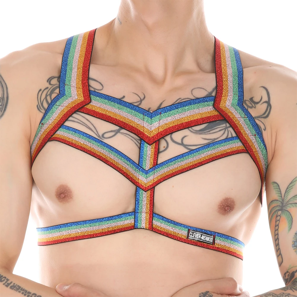 

Mens Sexy Body Chest Harness Erotic Lingerie Gay Underwear Clubwear Belts Rainbow Bodybuilding Shoulder Strap Nightclub Vest