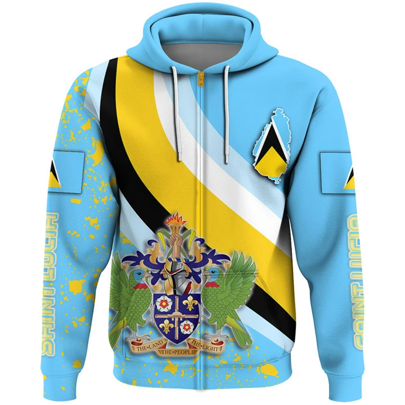 Толстовка мужская с капюшоном и принтом флага Санта-Люсии худи на молнии 3D