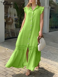 Summer Tank Dresses Women 2022 Celmia Casual Flare Sleeve Solid Cotton Shirt Sundress Fashion Single Breast Lapel Long Maxi Robe