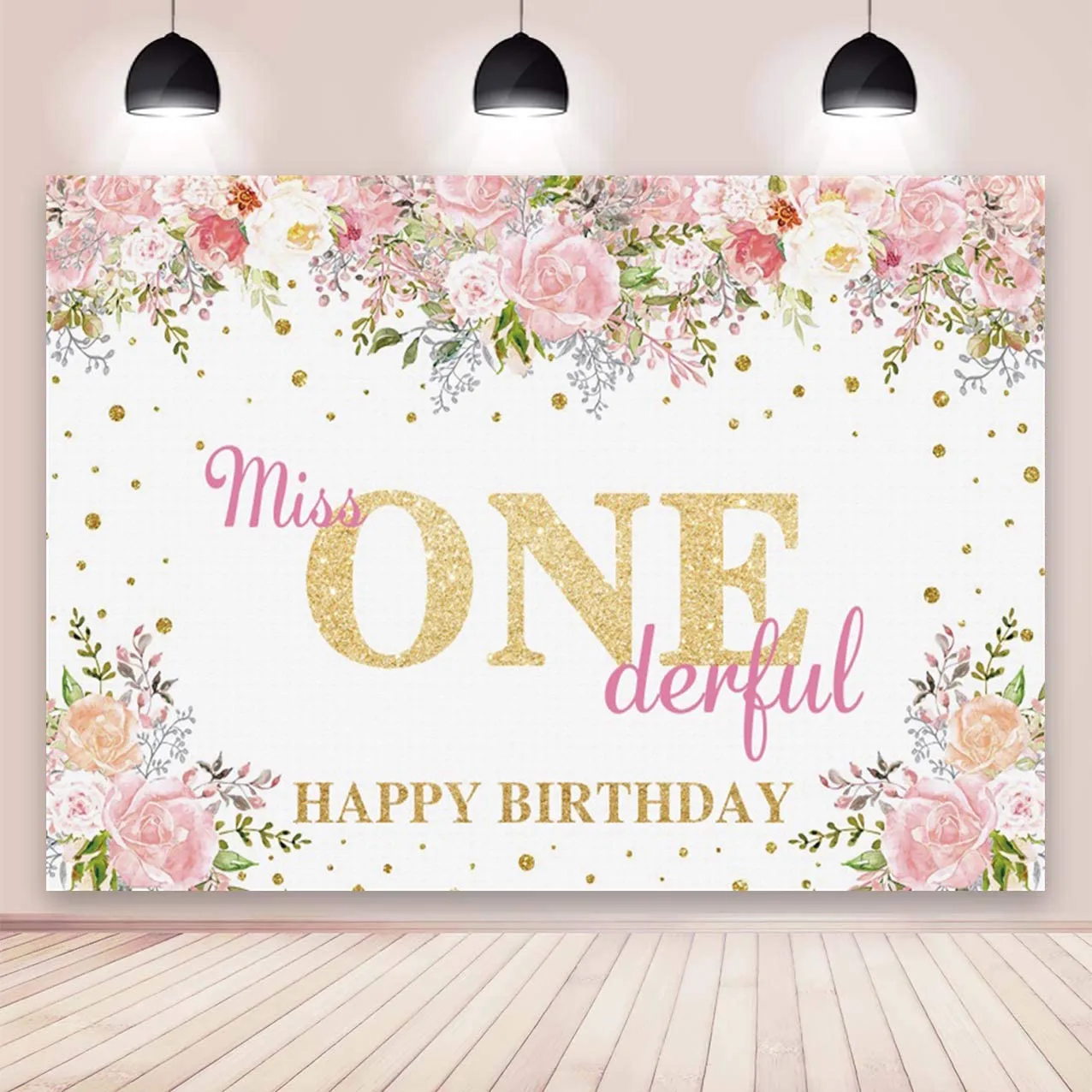 

Miss Onederful Backdrop Watercolor Floral Golden Dot Baby Girl Happy 1st Birthday Party Photography Background For Photo Studio