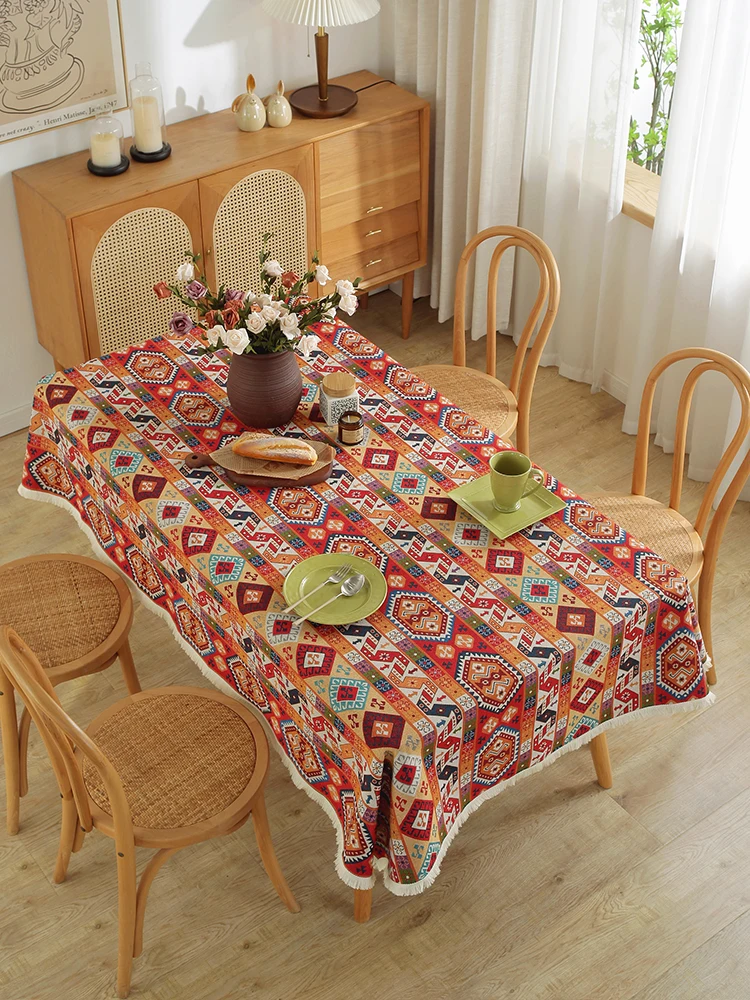 Bohemian Ethnic Sle Cotton and Linen Jacquard Fabric Tablecloth Festive Red Table Cloth Oil Painting Rectangular Tabl...