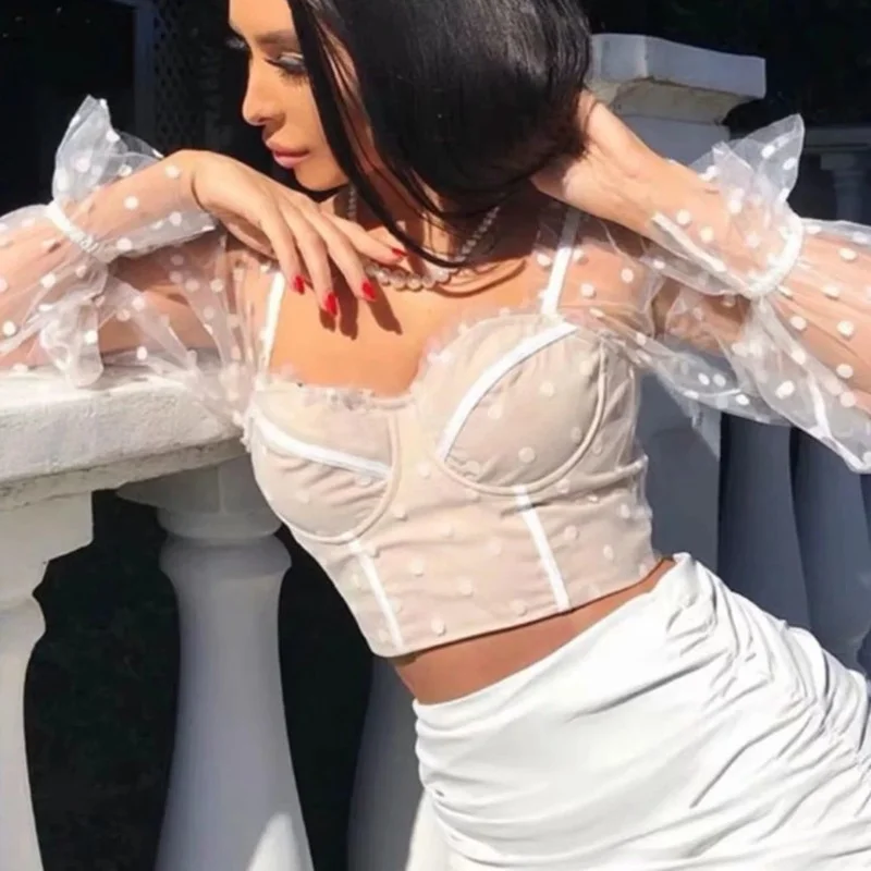 

New Women's 2021 New Summer Polka-dot Sexy Net Yarn Perspective Y2k Top Stitching Trumpet Sleeves Exposed Navel T-shirt Women