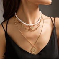 new fashion punk layered imitation pearls clavicle chain choker necklace for women geometric round portrait pendant jewelry gift