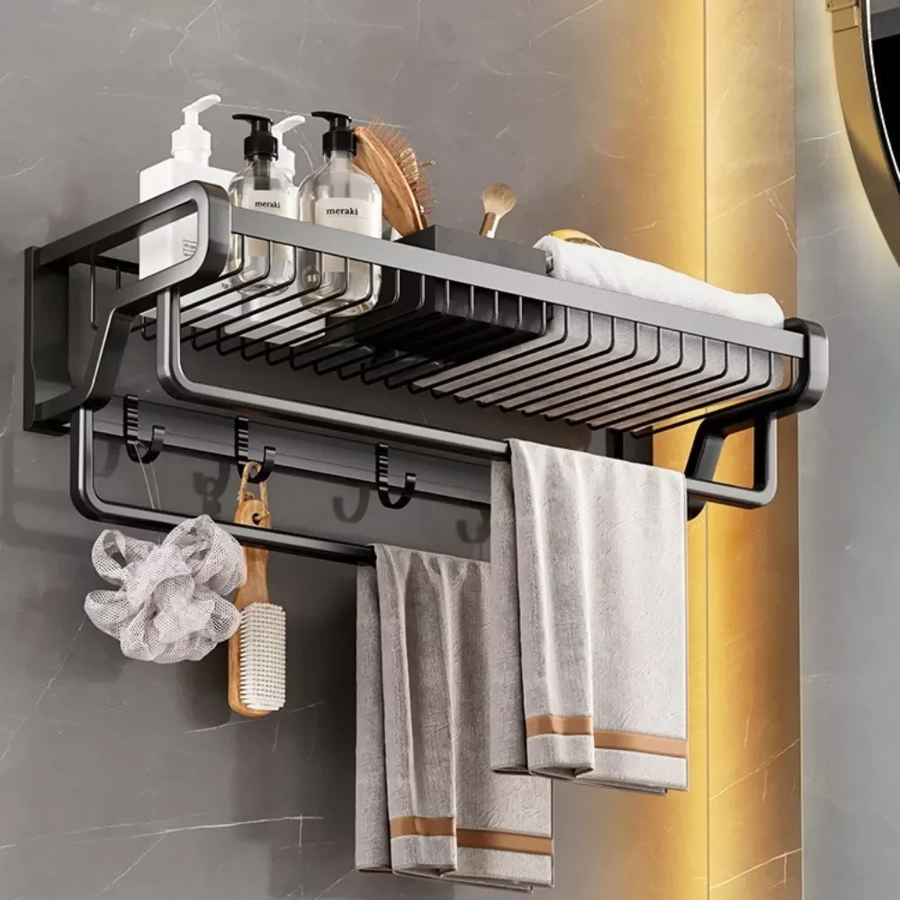 

Towel Rack Foldable Towel Bar No Drill Bathroom Storage Shelf Space Aluminum Laundry Room Drying Rack Toilet Organizer