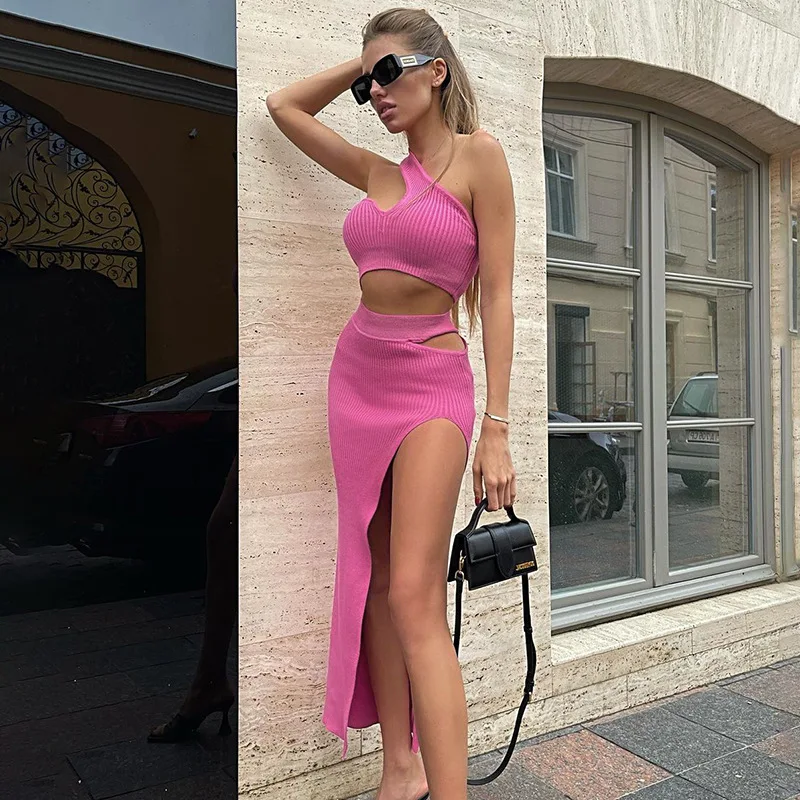 

Women Set Solid Halter Hollow Out Short Tops And Split Long Dress Two Pieces Elegant Summer Women Clothes Suit