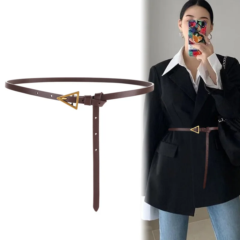 Luxury Fashion High-quality First Layer Cowhide Women's Belt Triangle Thin Belt Decoration Suit Shirt Dress Style Small Belt