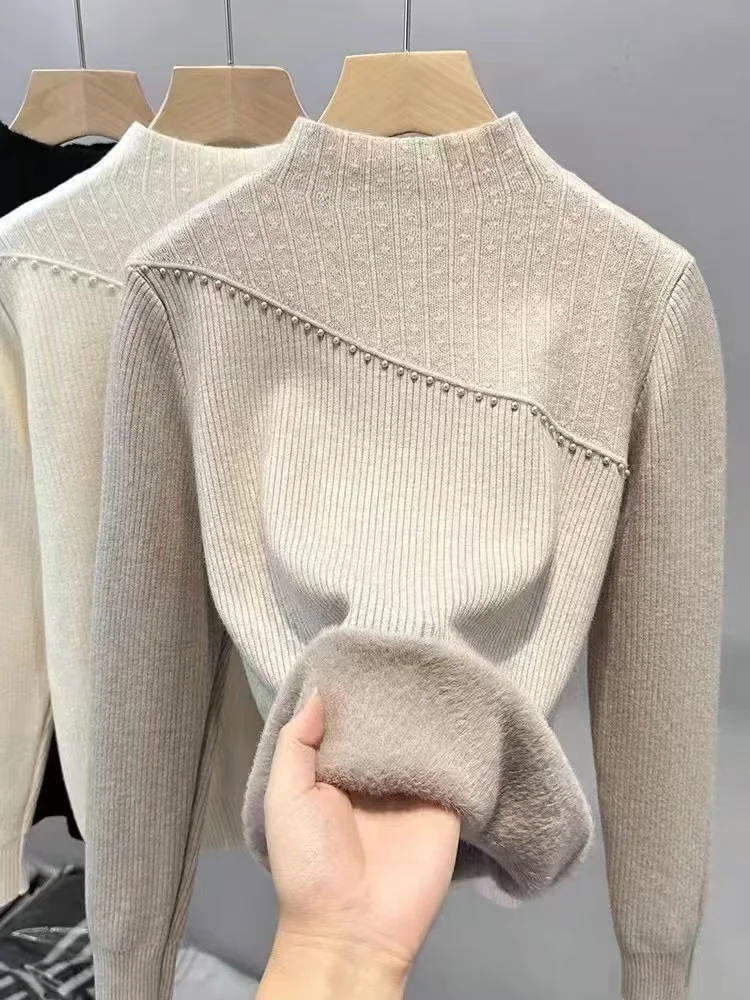 Fleece-lined Thickened Sweater Women Deep Autumn and Winter Half-high Collar One-Piece Velvet Inner wear Base Knit Warm Pullo...