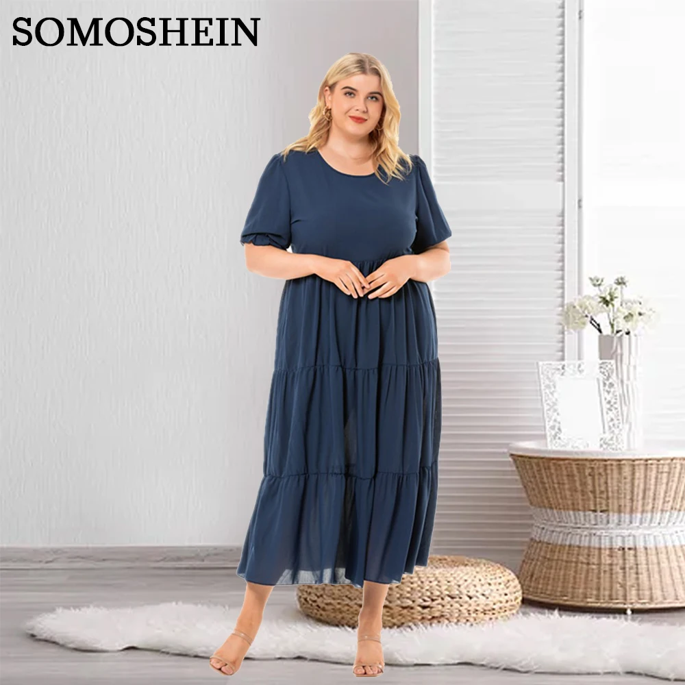 

SOMOSHEIN Plus Size Women Clothing Round-Neck Solid Color Loose High Waist Elegant Navy Blue Dress Wholesale Dropshipping