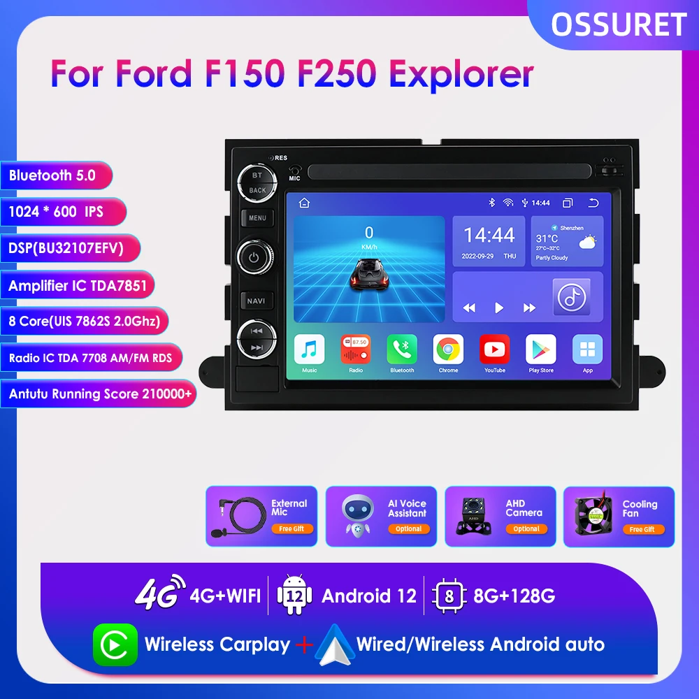 

Автомобильная Мультимедийная система CarPlay, плеер на Android 12, с 7 "экраном, GPS Навигатором, для Ford F150, F250, Fusion, Mustang, Explorer, Edge, Focus, стерео, 4G