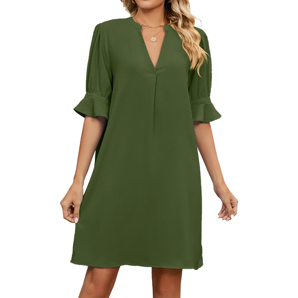 

2023 Summer New Pure Color V-Neck Loose Pleated Five-Sleeve Dress for Women