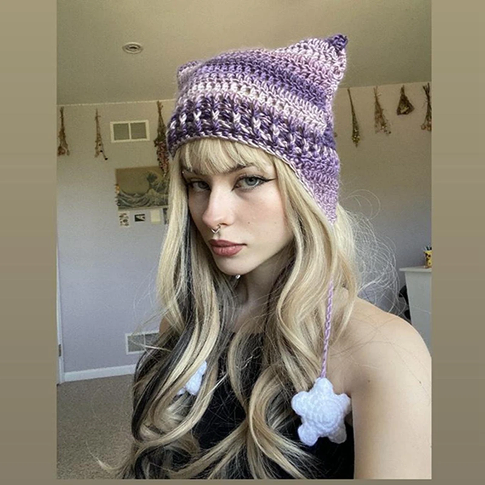 

Women Knitted Hat Soft Cute Cat Ear Beanie Winter Warm Ear Flap Caps for Streetwear Clothing Accessory
