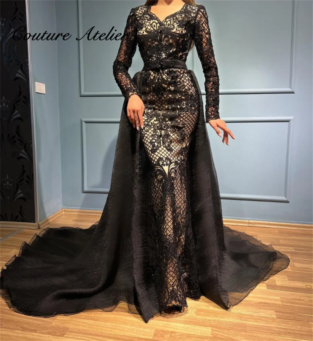 Купи Black Lace Muslim Evening Dresses With Train Long Sleeve Luxury Party Gown Mermaid Formal Dress Middle East Wedding Gowns robe за 13,500 рублей в магазине AliExpress