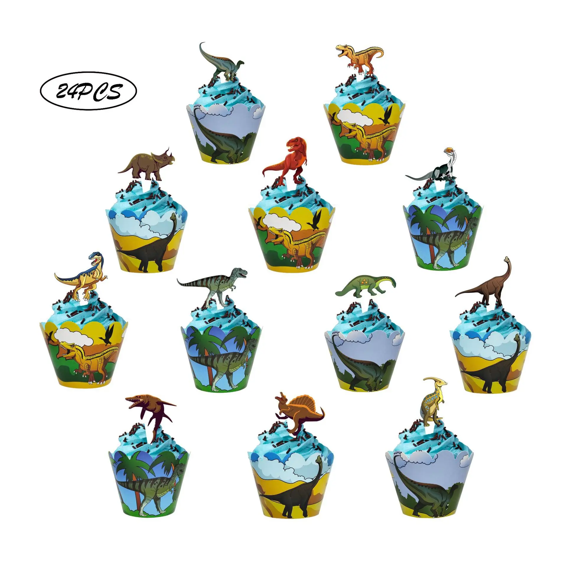 

12Set Dinosaur Cupcake Wrappers Cake Toppers Kids Boys Dinosaur Themed Jungle Animals Birthday Party Cake Decorating Supplies