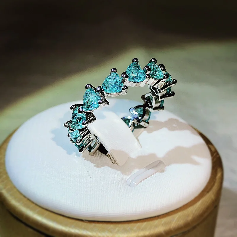 

925 Sterling Silver Paraiba Ring Luxury Blue Heart Zircon Gemstone Ring Simple Fine Jewelry Party Wedding Rings Gift for Women