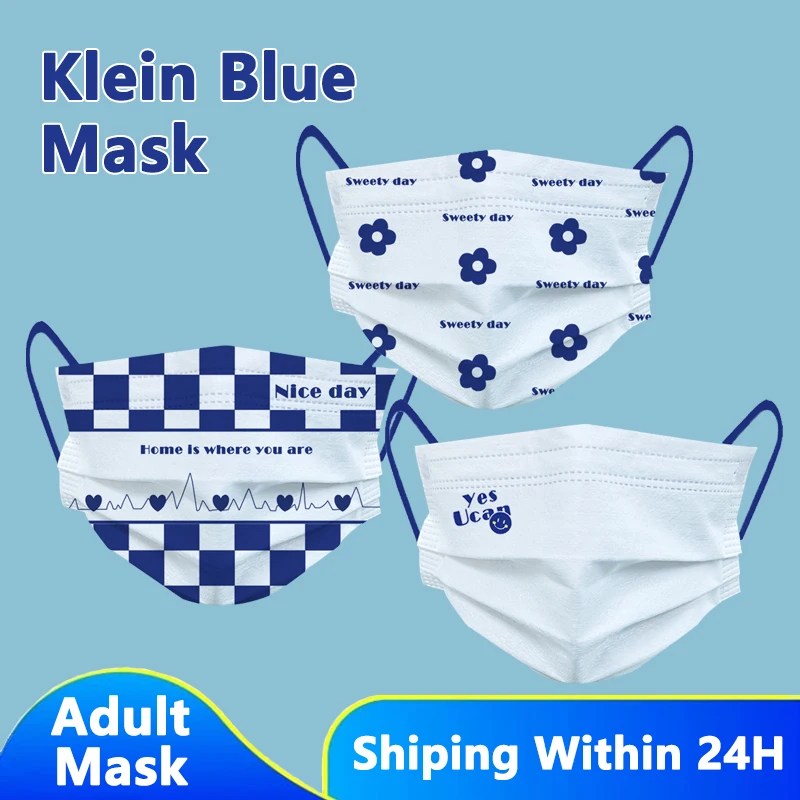 Модная одноразовая маска для взрослых Klein Blue с рисунком, 3-слойная маска для лица, противопылевая дышащая маска с эластичным амбушюром для вз...