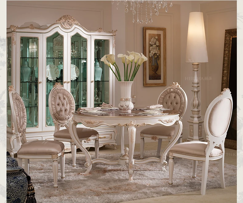 

Обеденный стол и стул во французском дворцовом стиле, комбинированная европейская мебель из массива дерева, ручная резка, круглый обеденны...