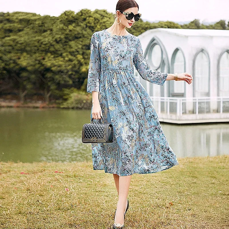 

2022 New Summer Silk Dress Women Beach Floral Dress Elegant Korean Fashion Party Dresses for Women Clothes Vestidos