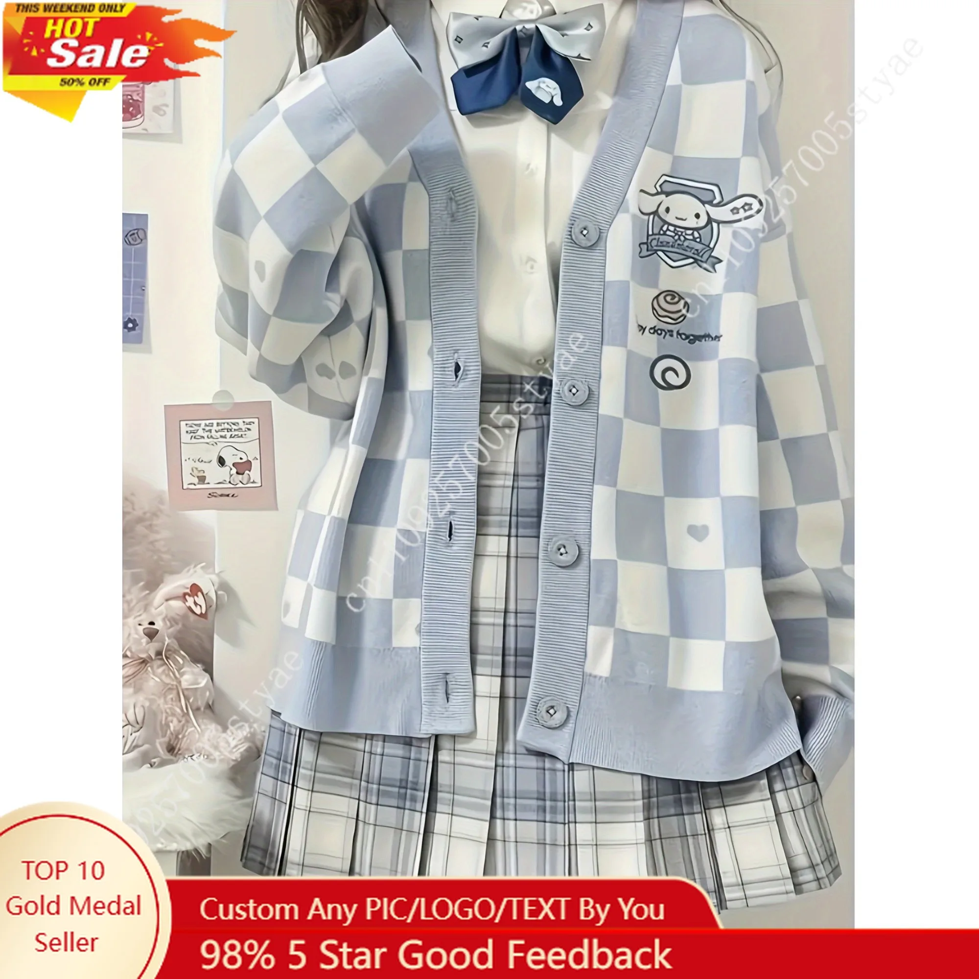 Фото Светло-голубой белый клетчатый кардиган Cinnamoroll с дизайном в виде сердечек для подростков и женщин, тонкий свитер с длинными рукавами. №1