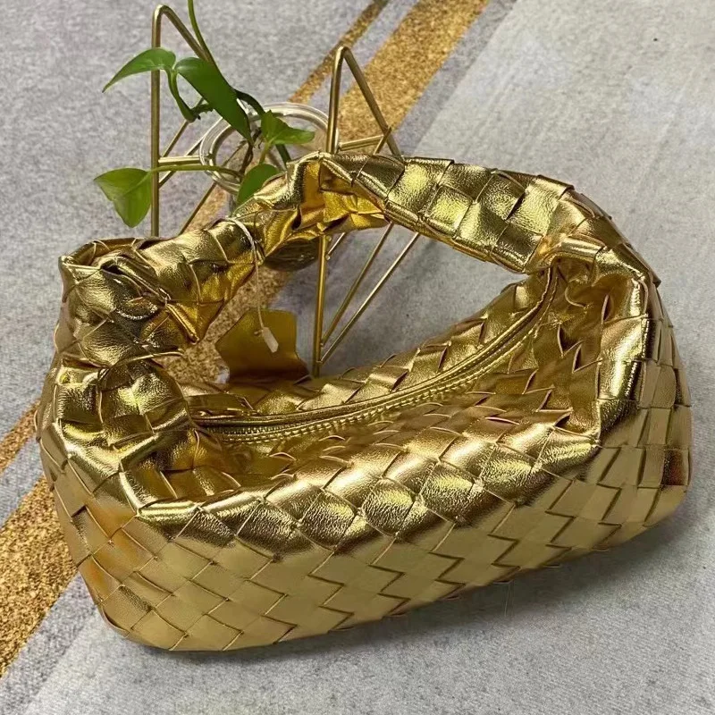 

2022 Gold Leather Woven Bag Handmade Cow Split Leather Handmade Tote Bags Luxury Brand Sliver Bags Hobo Cloud Purse