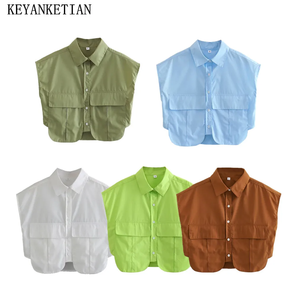 

KEYANKETIAN Women Pocket Trim Short Sleeve Shirt Street Style Asymmetrical Cut Chic Loose Single Breasted Lapel Top Summer