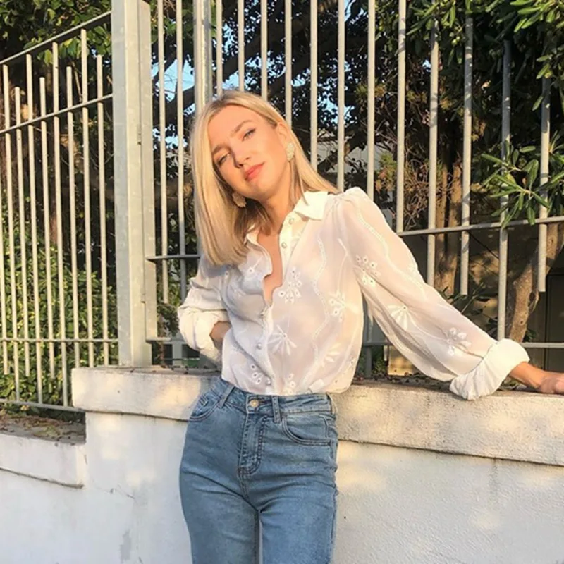 

Women Solid Long Sleeve Tops Spring New Puff Sleeves Blouse Office Ladies Elegant Turn-down Collar Shirt embroidery Floral Shirt