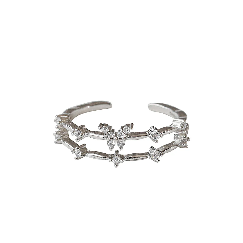 

925 sterling silver Butterfly double Ring for women light luxury flash diamond Ring cold wind opening ring simple niche design