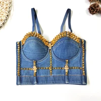 denim blue skull bra camisole designer bullet beads chest fashion party club hot girl corset breast shaper top in stock