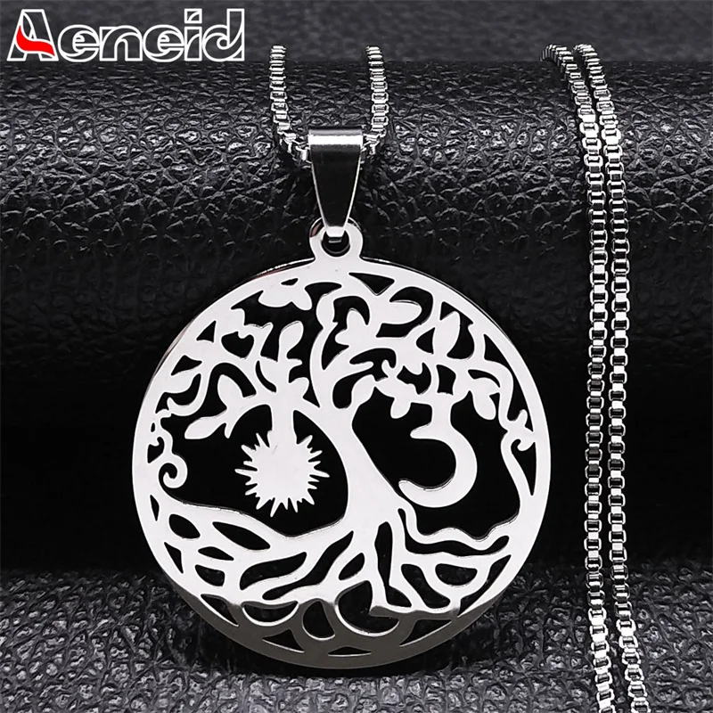 Купи Boho Tree of Life Sun and Moon Pendant Necklace for Women Stainless Steel Hollow Out Vintage Spiritual Necklaces Jewelry Gifts за 233 рублей в магазине AliExpress