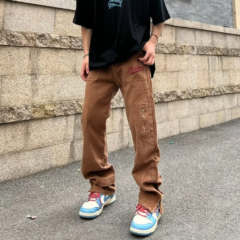 New Fashion Letter Embroidery Vintage Brown Men Cargo Jeans Pants Ankle Zipper Hip Hop Baggy Straight Denim Trousers Pantalones