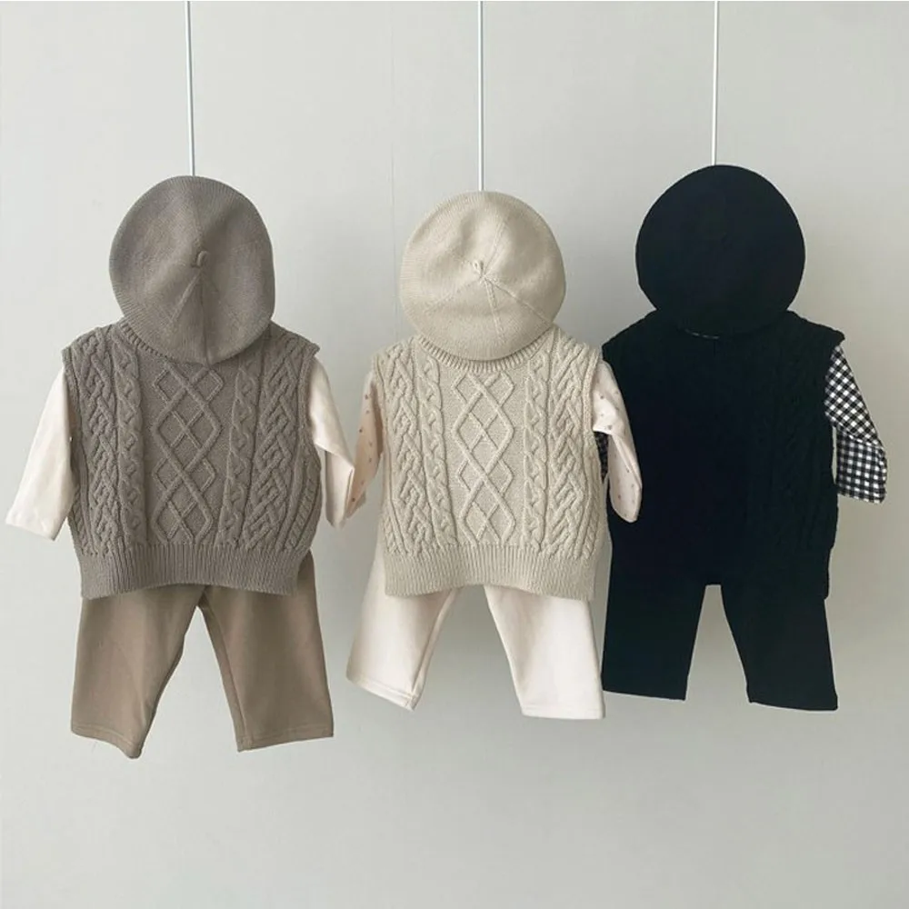 Knit Waistcoat Toddler Pullover Outerwear 0-3Y Baby Girl Knitwear Sleeveless Sweaters Autumn Boys Cotton Vest Coat Solid Twist